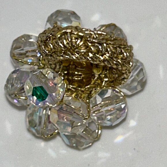 Vintage Aurora Borealis Crystal Ring Stretch Crochet Band Size 6.5 Rare - Picture 2 of 7
